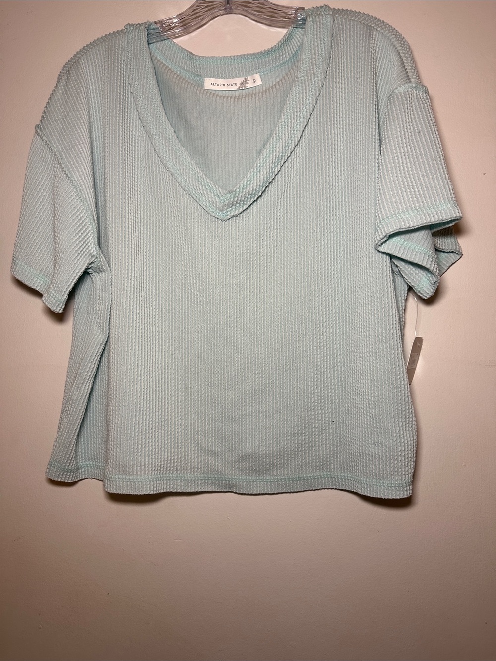 Altar'd State Light Aqua V-Neck Waffle Short Sleeve Top